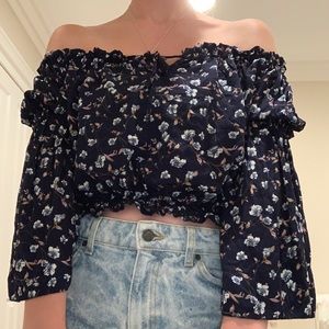 Blue Floral Off the Shoulder Bell Sleeves